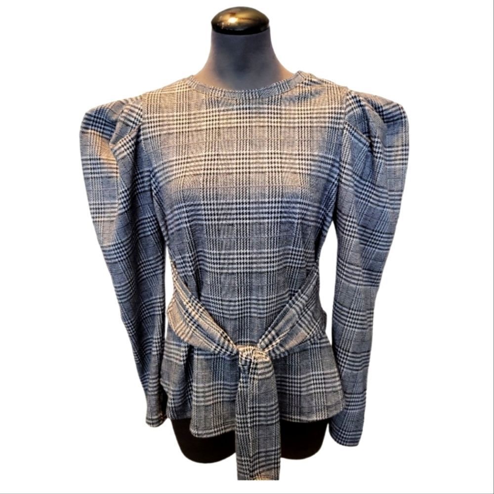 LN HAUTE MONDE HOUNDSTOOTH PUFF SLEEVES TIE IN THE FRONT TOP SZ. L